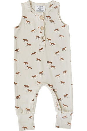 A cream tank romper featuring a playful brown horse print, made from soft, breathable cotton for baby girls.