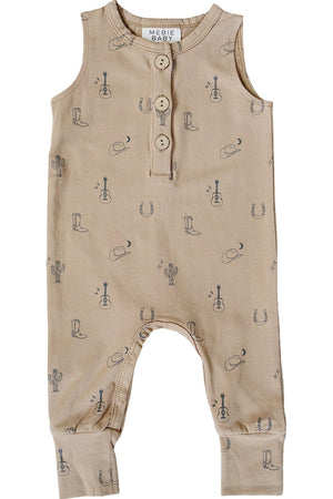 Beige cotton tank romper featuring western-themed graphics like guitars, hats, and cacti, designed for baby boys. Soft and breathable fabric.