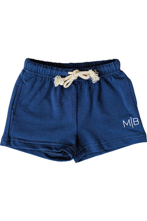 Navy cotton shorts featuring an elastic waistband with a drawstring and side pockets. The shorts are designed for boys, offering comfort and style for casual wear and play.
