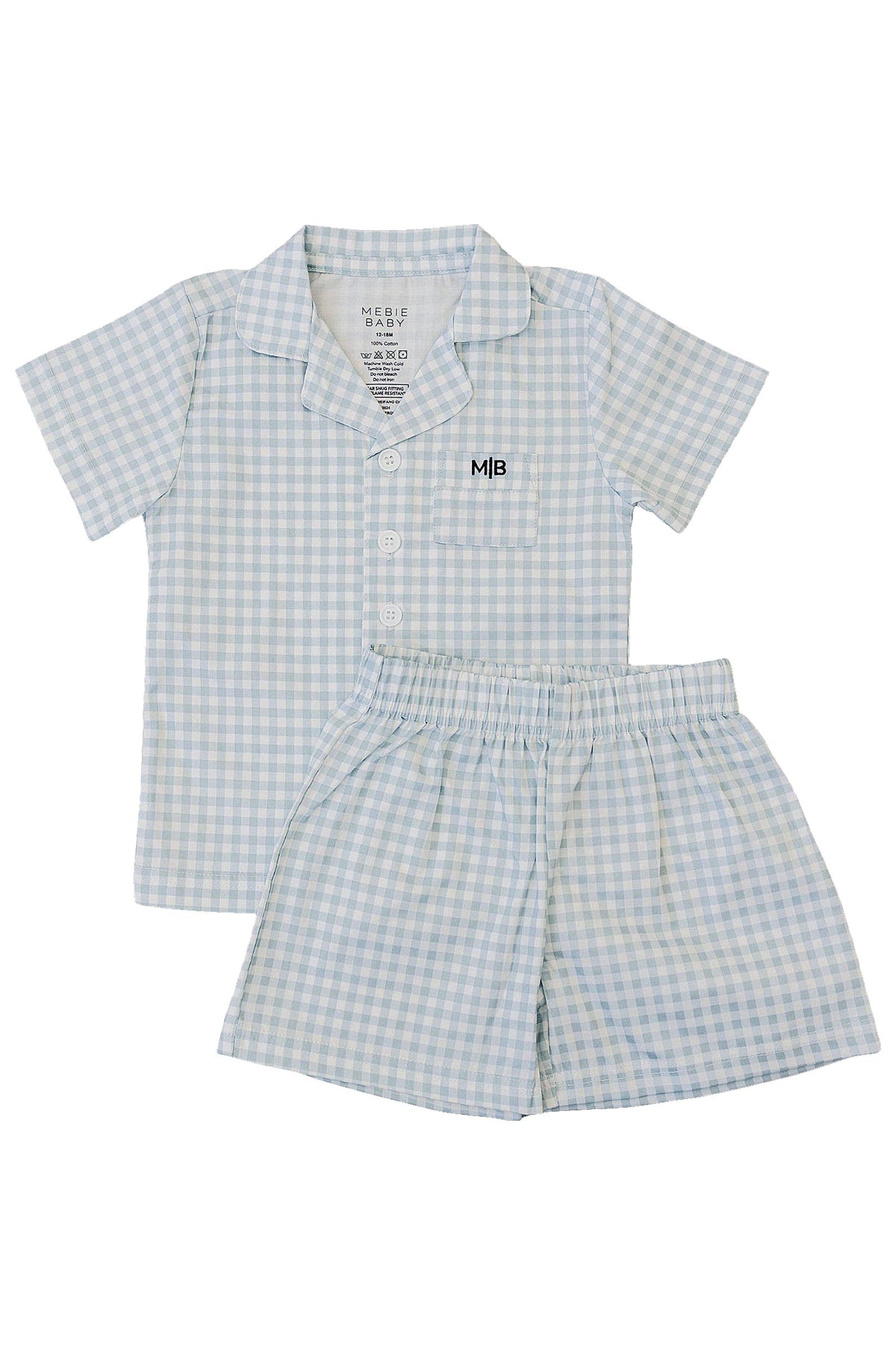 Light blue gingham short-sleeve pajama set with button-up top and elastic waist shorts, made from 100% cotton.