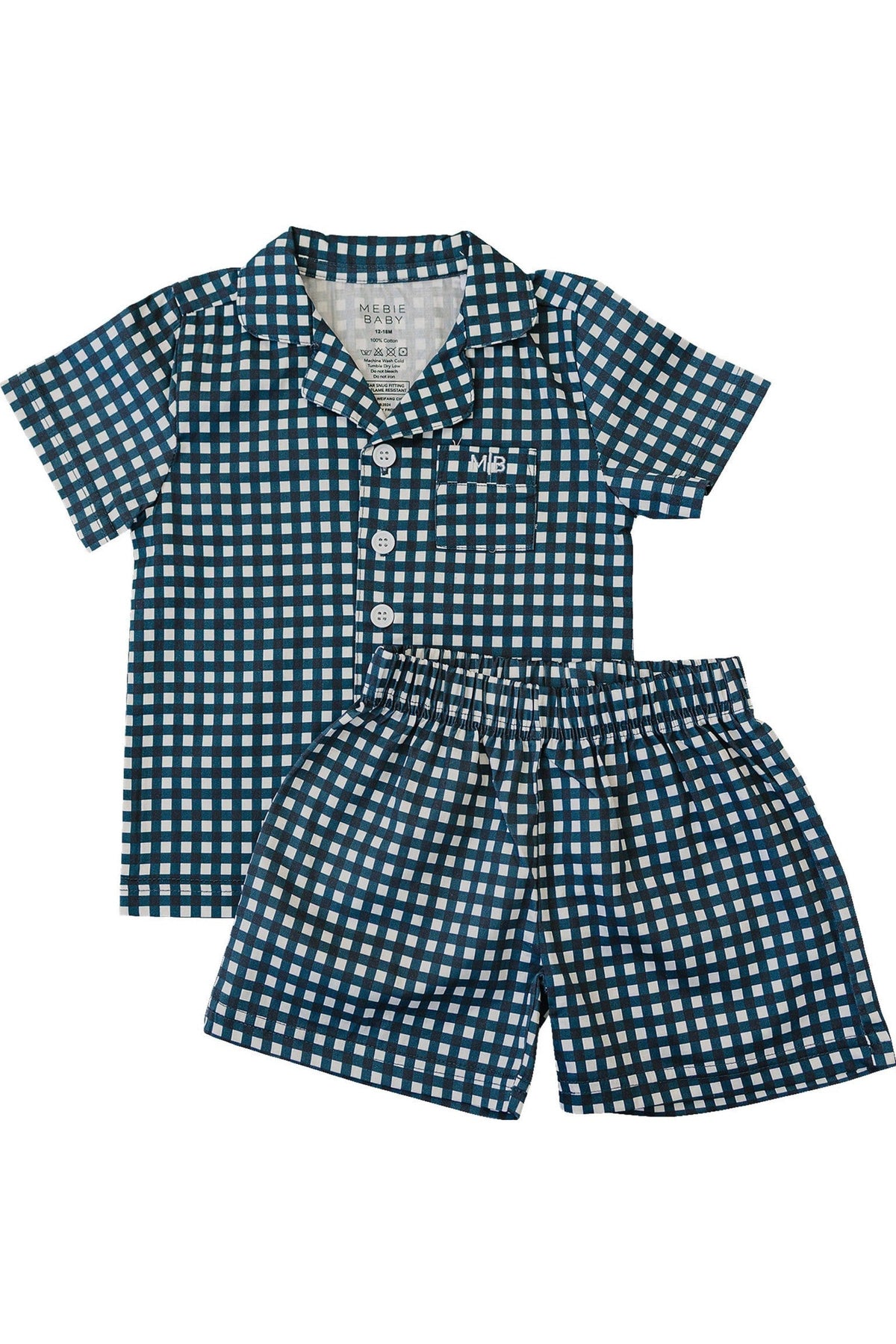 Navy gingham pajama set with a short-sleeve button-up top and elastic waist shorts, made from cotton.