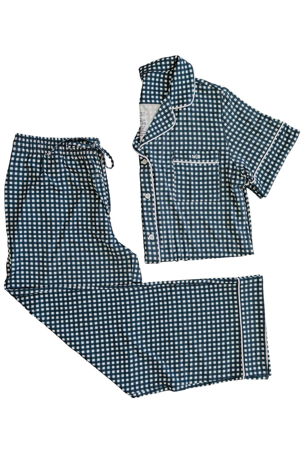 Navy gingham pajama set with short-sleeve button-up top and drawstring pants, featuring white piping.