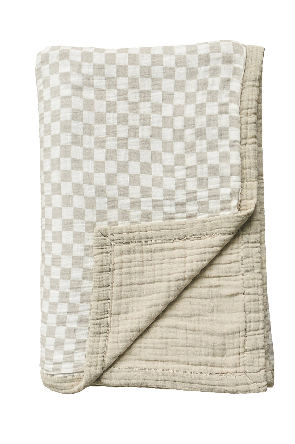Taupe checkered muslin quilt folded, showcasing soft, breathable cotton layers, ideal for baby essentials.