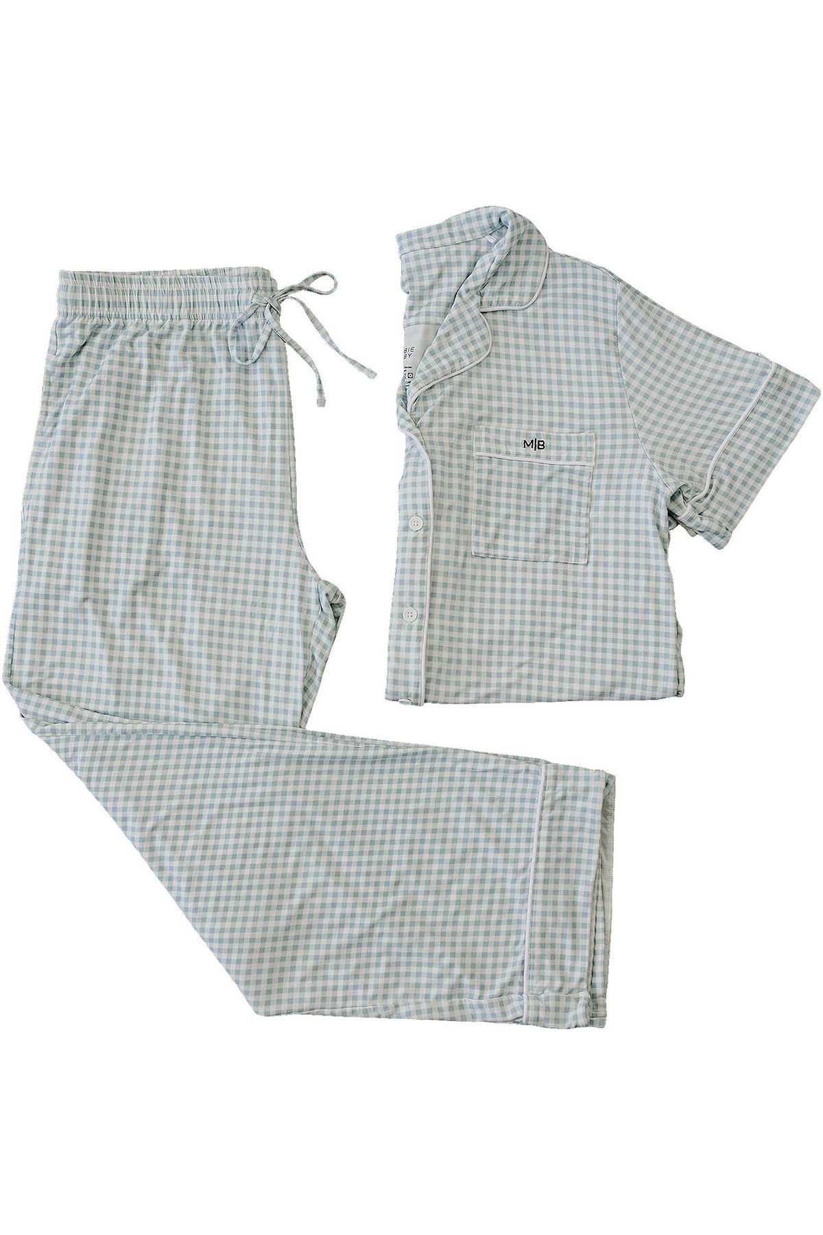 Light blue gingham pajama set with short-sleeve button-up top and long pants, featuring an adjustable drawstring waist.