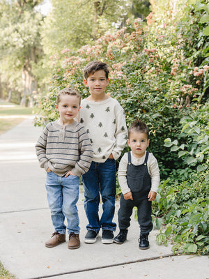 Three young boys stand outdoors on a path surrounded by greenery and flowers. They wear stylish sweaters and casual pants, showcasing a cozy, playful autumn look perfect for family outings.