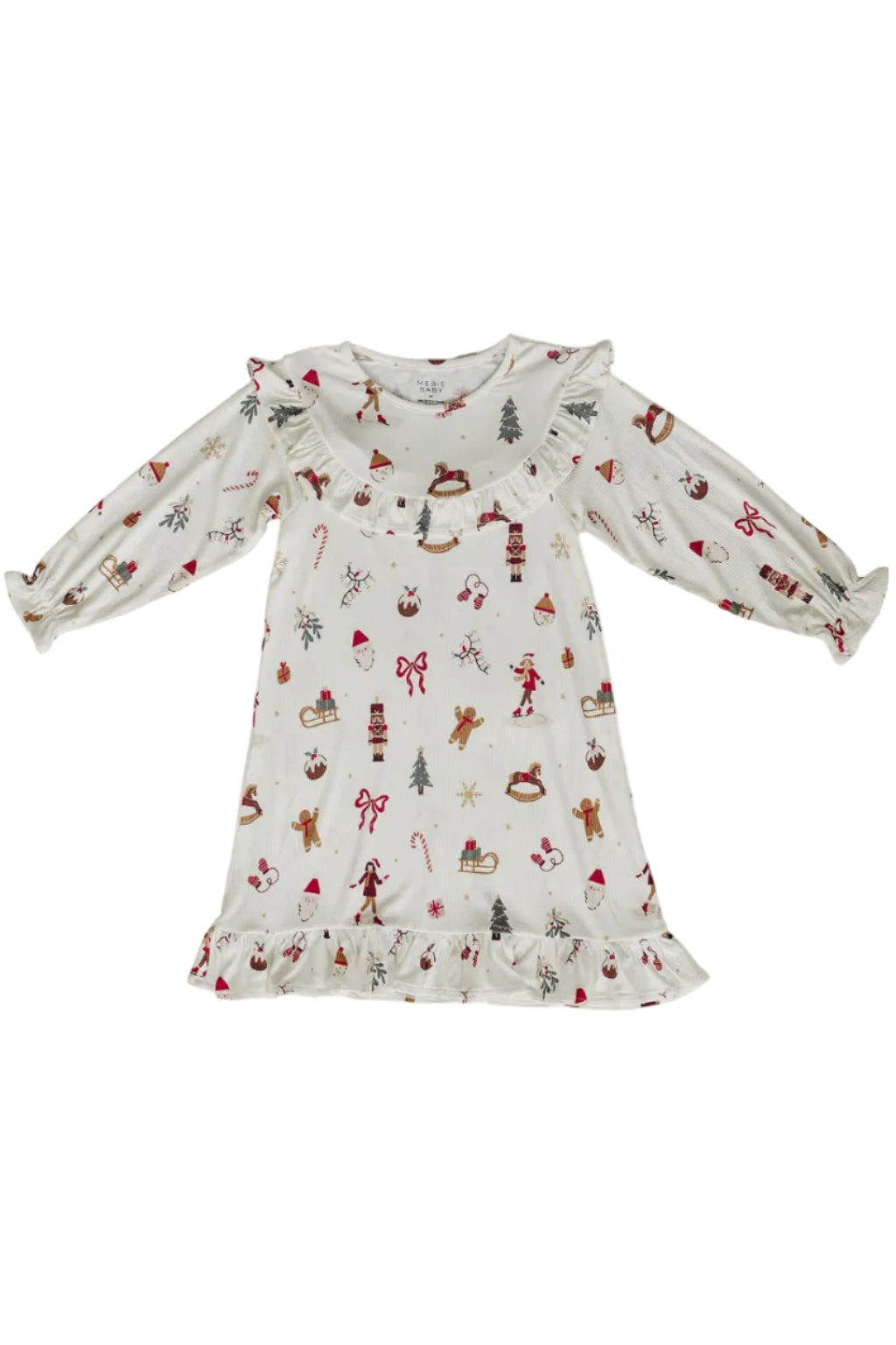 A cozy, festive bamboo gown featuring a playful holiday pattern with gingerbread men, candy canes, and Christmas trees. The soft fabric and ruffled hem make it perfect for little ones.