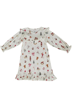 A cozy, festive bamboo gown featuring a playful holiday pattern with gingerbread men, candy canes, and Christmas trees. The soft fabric and ruffled hem make it perfect for little ones.