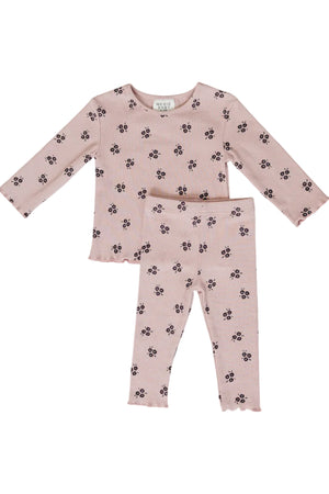 A cozy two-piece cotton outfit featuring a long-sleeve top and matching leggings, both in light pink adorned with small dark floral patterns, ideal for babies and kids.