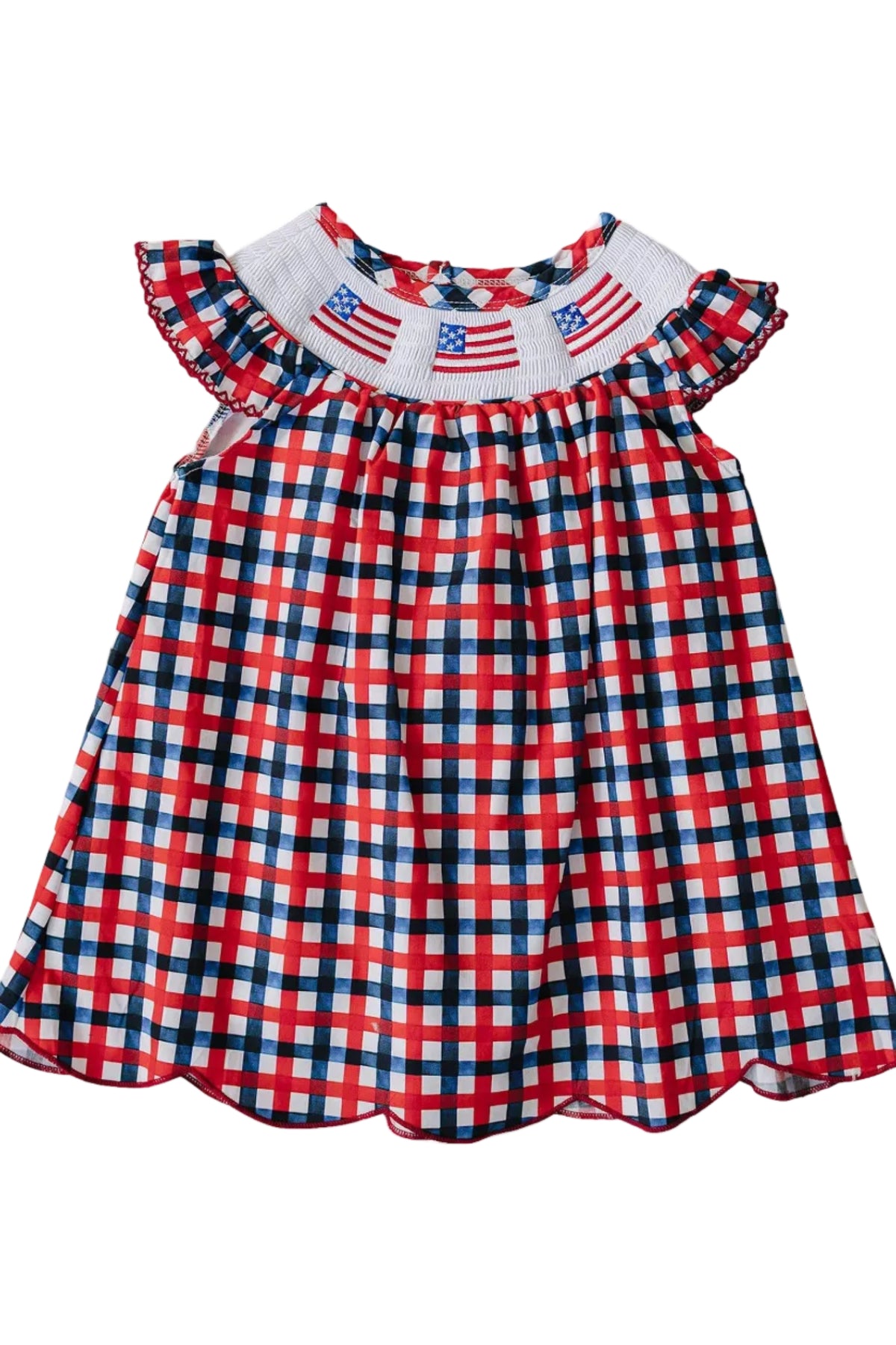 A vibrant red, white, and blue gingham dress featuring a smocked collar with embroidered American flags, perfect for patriotic celebrations. Made from soft cotton, suitable for young children.