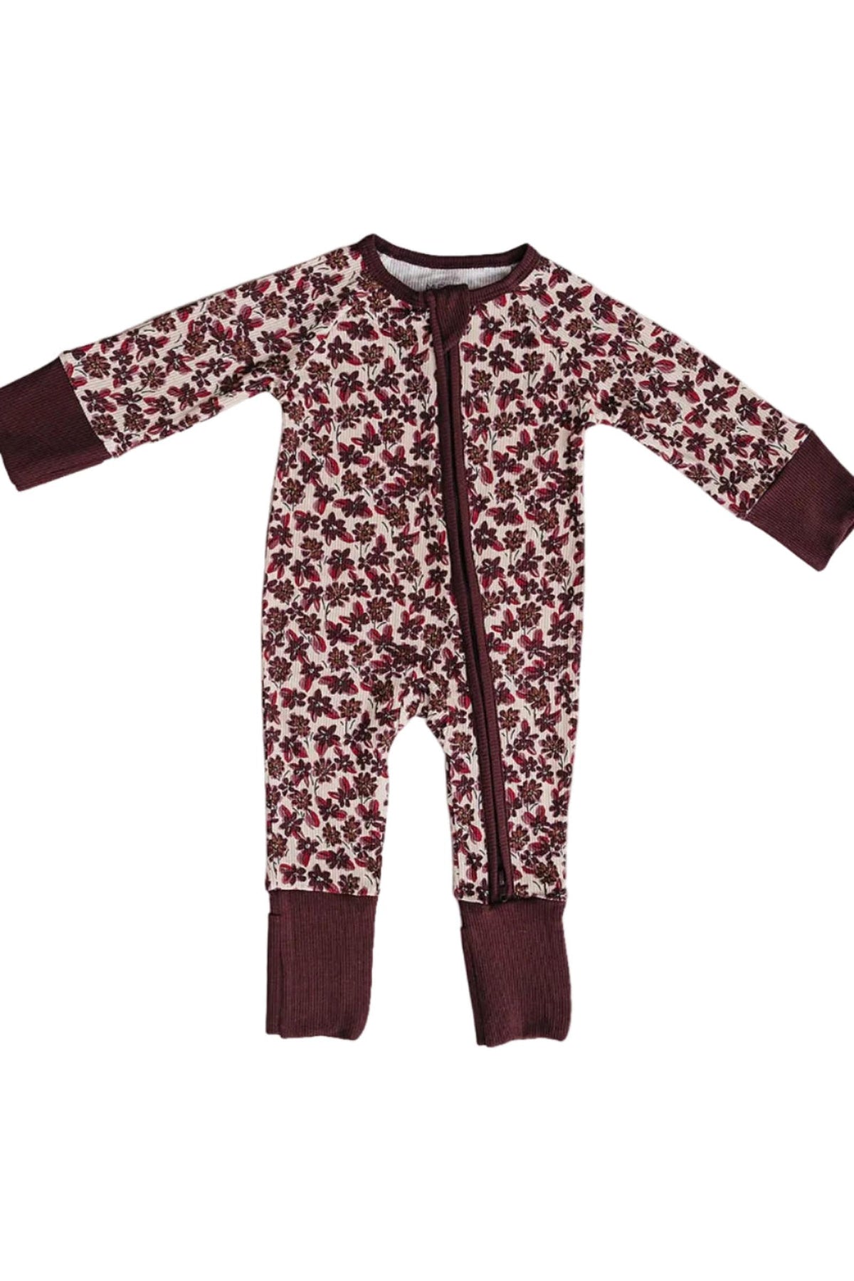 Antique floral ribbed bamboo pajamas feature a cream background with maroon floral patterns, a double zipper for easy diaper changes, and soft, sustainable bamboo fabric, ideal for babies.