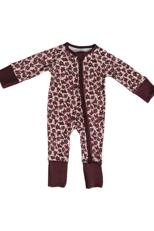 Antique floral ribbed bamboo pajamas feature a cream background with maroon floral patterns, a double zipper for easy diaper changes, and soft, sustainable bamboo fabric, ideal for babies.