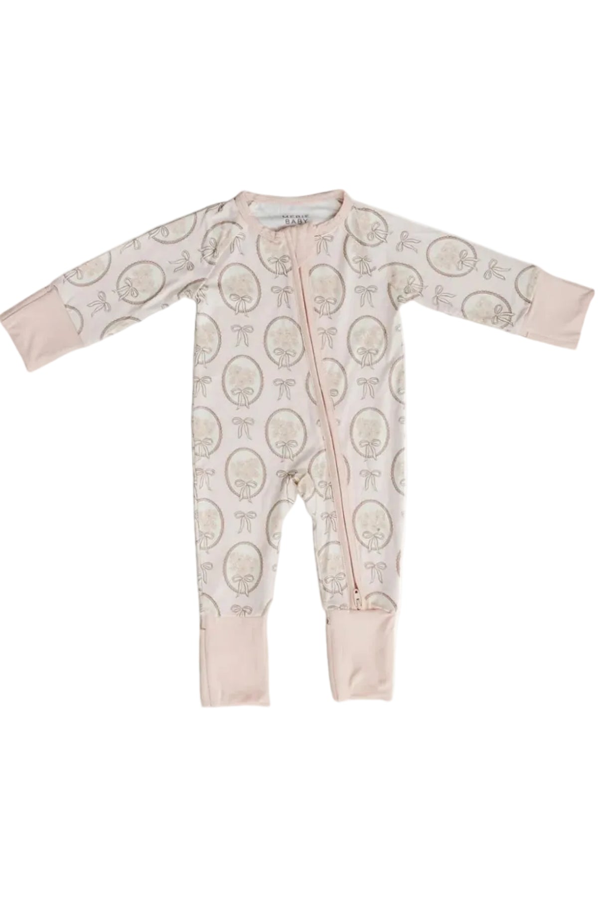 A beige and pink bamboo pajama set for babies featuring a vintage bouquet print. The design includes a convenient double zipper for easy diaper changes and soft, comfortable fabric.