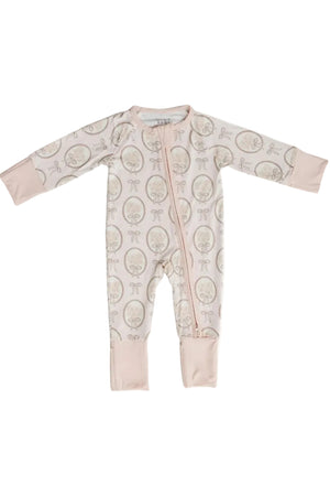 A beige and pink bamboo pajama set for babies featuring a vintage bouquet print. The design includes a convenient double zipper for easy diaper changes and soft, comfortable fabric.