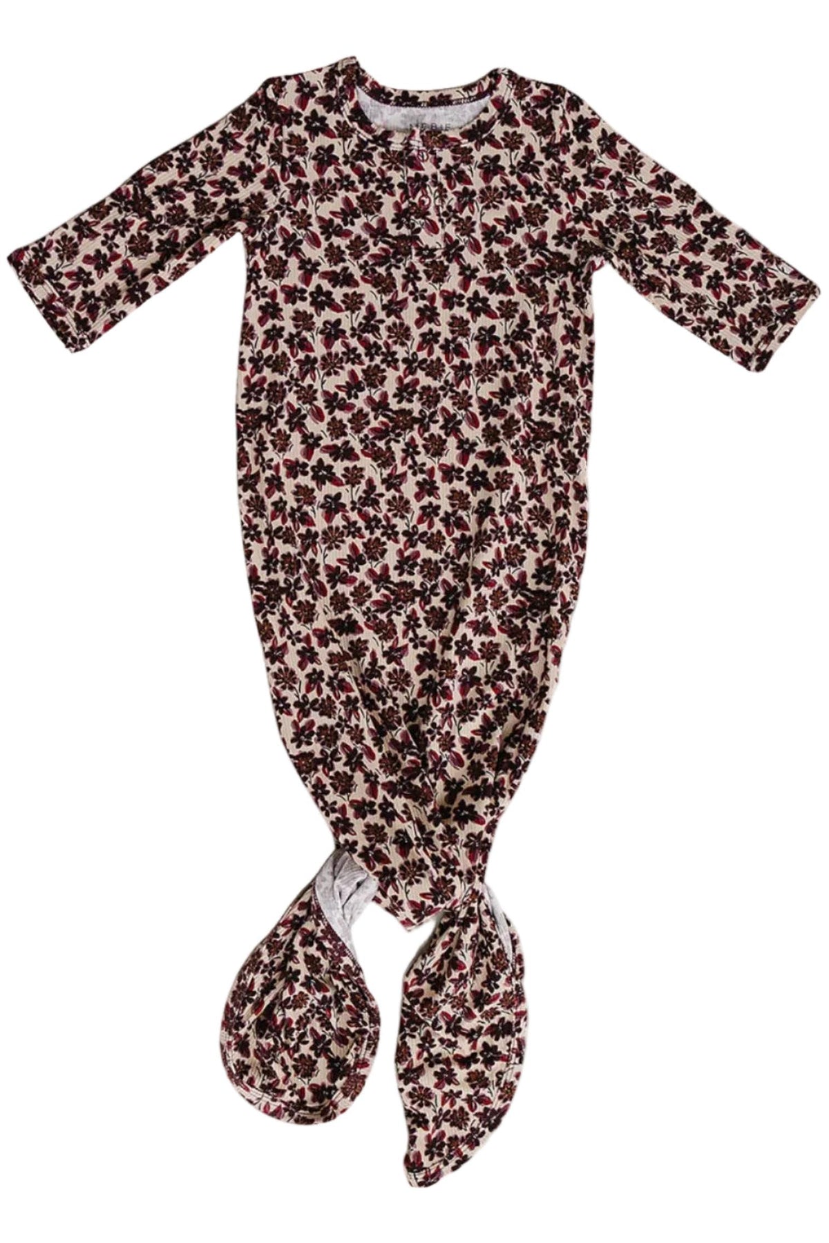A floral-patterned bamboo knot gown features a soft, ribbed texture with long sleeves and a tied bottom. Ideal for newborns, it combines comfort and practicality for easy diaper changes.