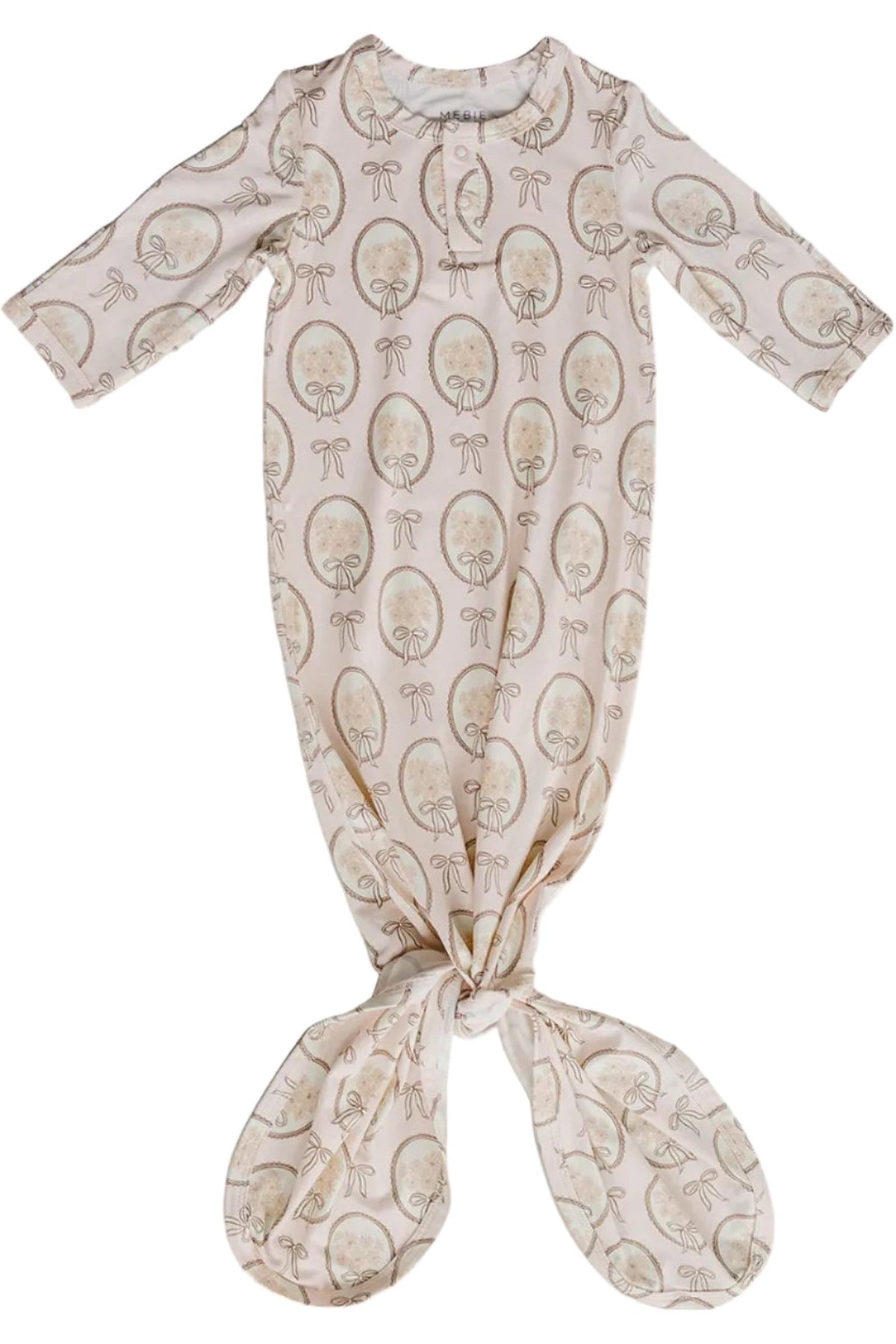 A vintage bouquet bamboo knot gown features a soft, neutral fabric adorned with floral patterns. Designed for babies aged 0-3 months, it offers comfort with its eco-friendly bamboo rayon material.
