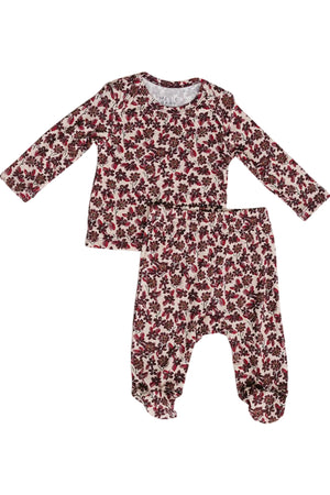 A soft, ribbed bamboo layette set featuring a long-sleeve top and matching pants with a vibrant floral print in shades of red and green. Ideal for delicate baby skin.