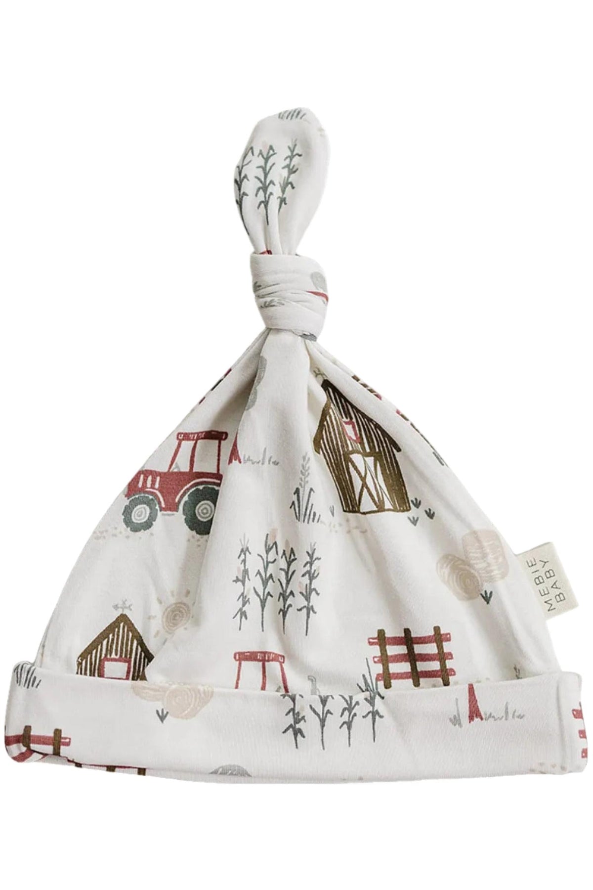 A soft bamboo newborn knot hat featuring a charming farmhouse print with tractors, barns, and crops. The hat is designed for comfort and style, perfect for your little one.