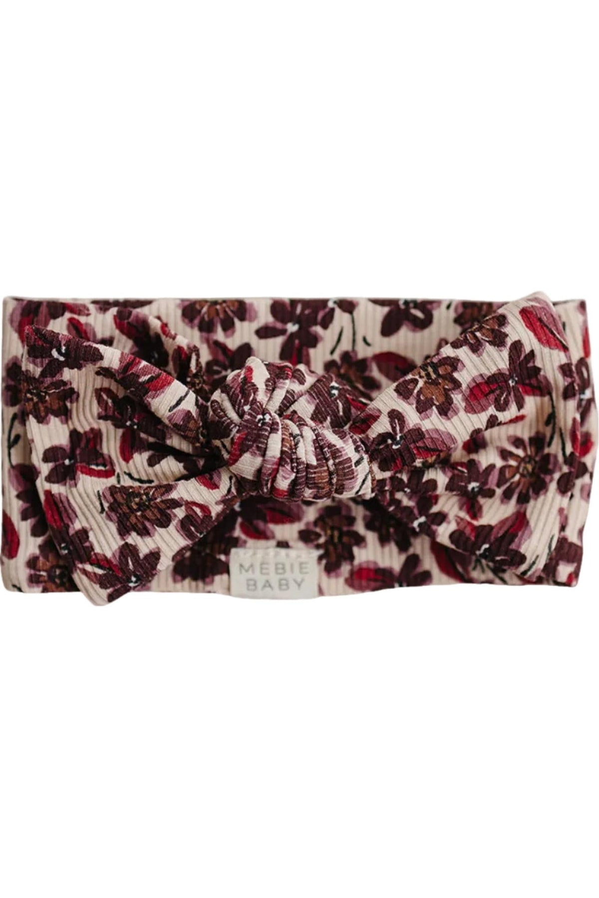 Antique floral ribbed bamboo head wrap in soft pink and burgundy, featuring a knotted design. Made from breathable, lightweight bamboo fabric, its perfect for newborns and ensures all-day comfort.