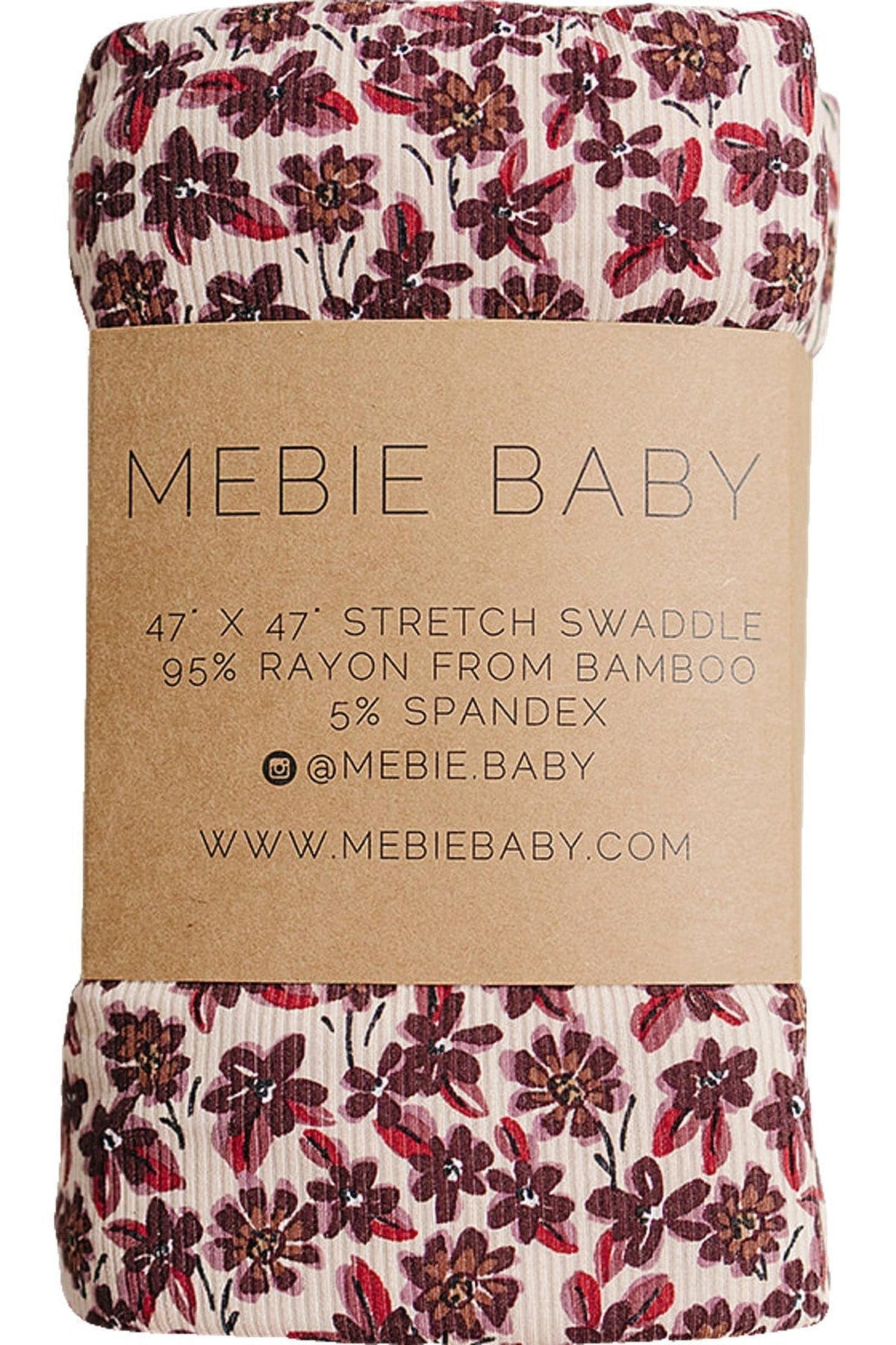 A rolled-up swaddle from Mebie Baby, featuring a delicate floral print in burgundy and cream. Made from 95% bamboo rayon, it offers soft, breathable comfort for newborns.