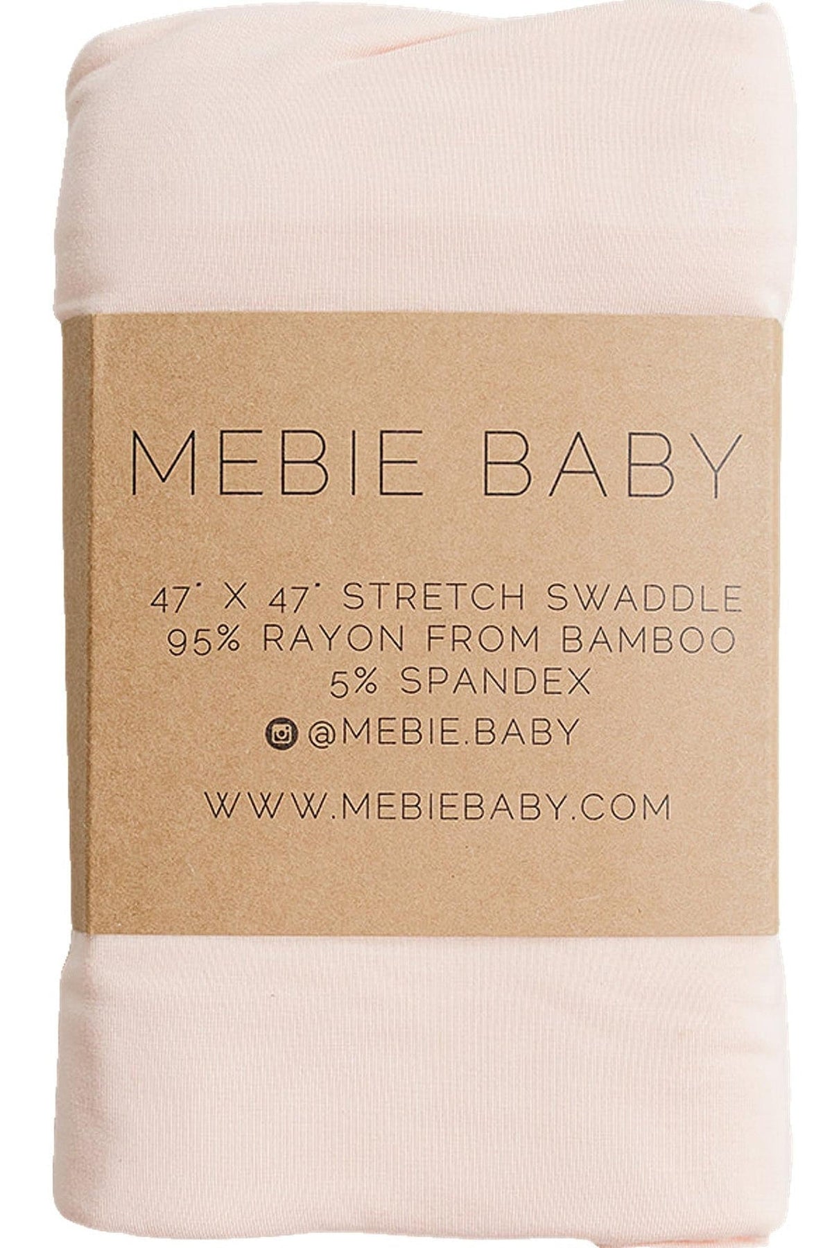 A soft peach bamboo stretch swaddle from Mebie Baby, measuring 47” x 47”, features a label highlighting its composition of 95% rayon from bamboo and 5% spandex. Ideal for newborns.
