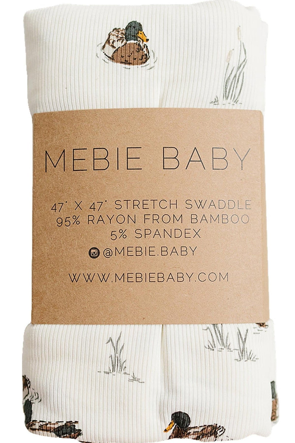 A rolled bamboo stretch swaddle from Mebie Baby, featuring a playful duck design on a soft, ribbed fabric.