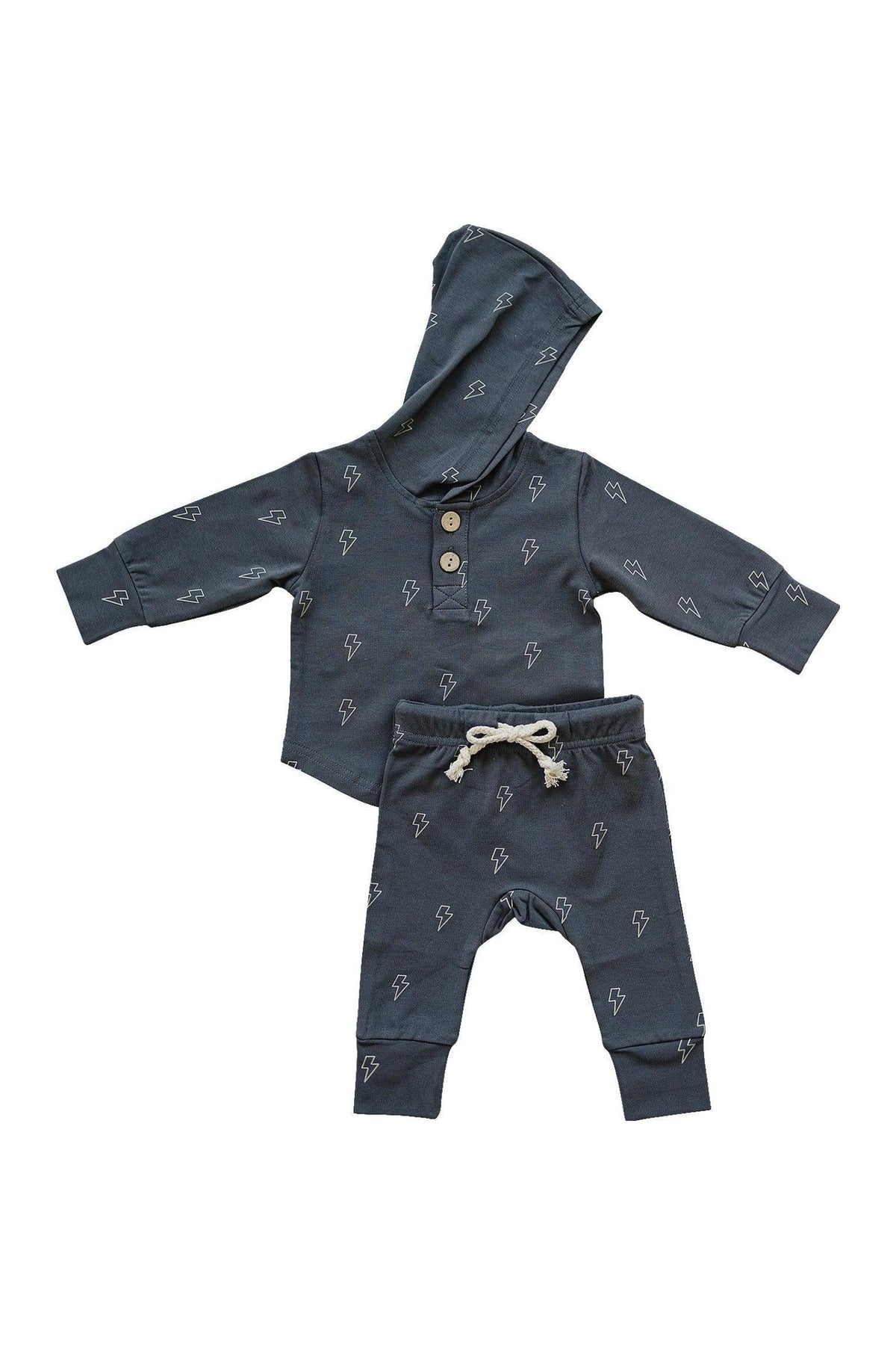 Navy hooded baby set featuring lightning bolt patterns, made from soft cotton, suitable for infants and toddlers.