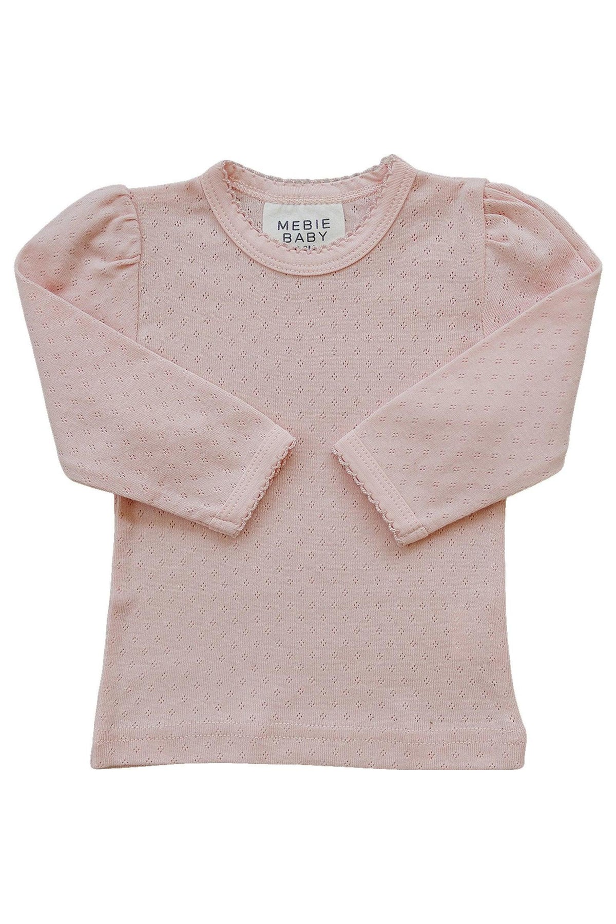 Pink long sleeve pointelle knit t-shirt for babies by Mebie Baby, featuring a soft, breathable cotton fabric.