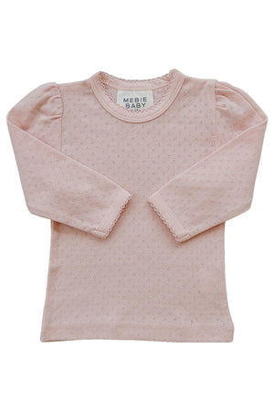 Pink long sleeve pointelle knit t-shirt for babies by Mebie Baby, featuring a soft, breathable cotton fabric.