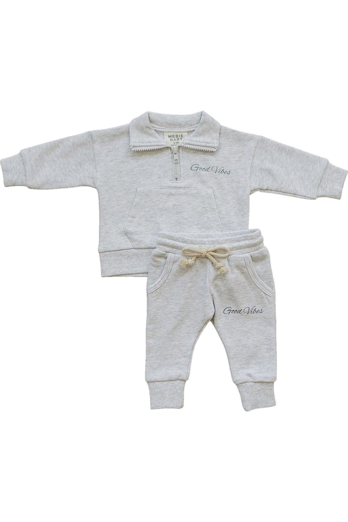 Grey quarter zip sweatshirt and pants set for babies by Mebie Baby, featuring Good Vibes text.