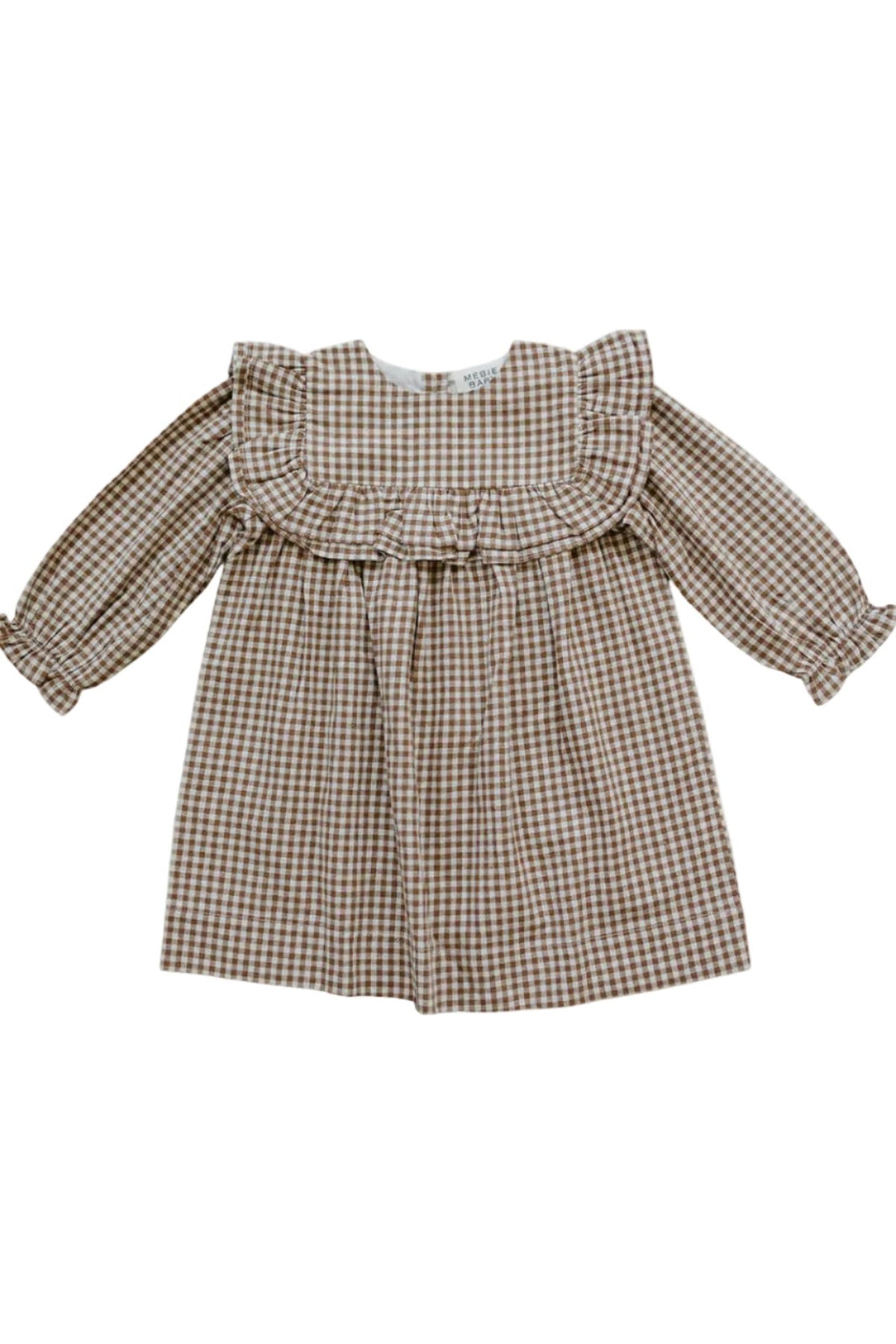 A brown gingham ruffle long sleeve cotton dress features a relaxed fit and a frilled neckline, perfect for baby and kids casual occasions. Made from breathable, sustainable material for comfort.