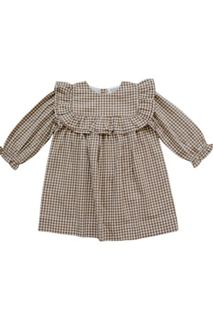 A brown gingham ruffle long sleeve cotton dress features a relaxed fit and a frilled neckline, perfect for baby and kids casual occasions. Made from breathable, sustainable material for comfort.