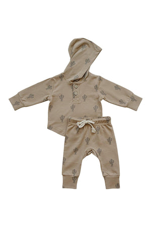 Beige baby hooded set with cactus print, featuring long sleeves and matching pants with a drawstring waist.