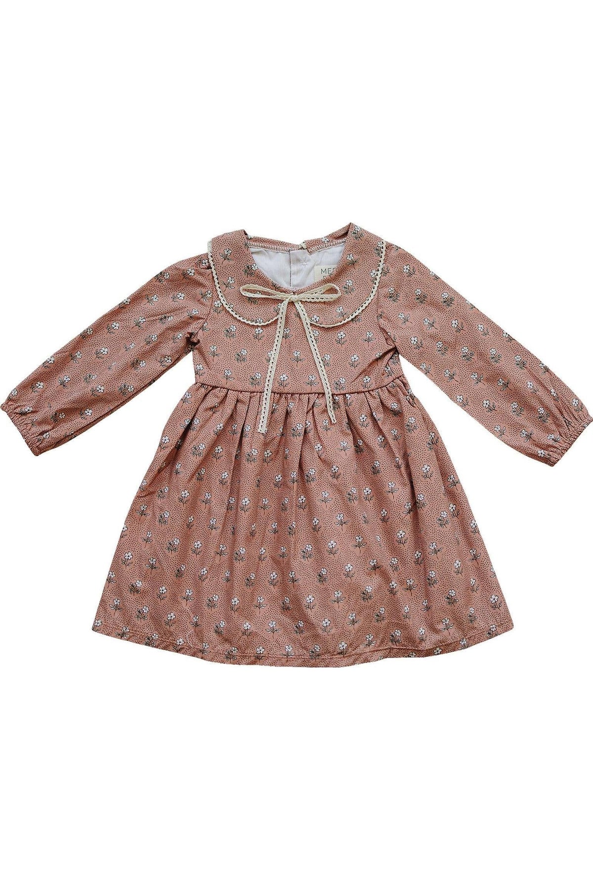 Pink floral cotton dress with long sleeves, lace-edged Peter Pan collar, and a bow at the neckline.