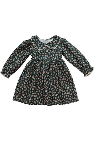 Dark green floral dress with long sleeves and lace-edged Peter Pan collar, suitable for young children.