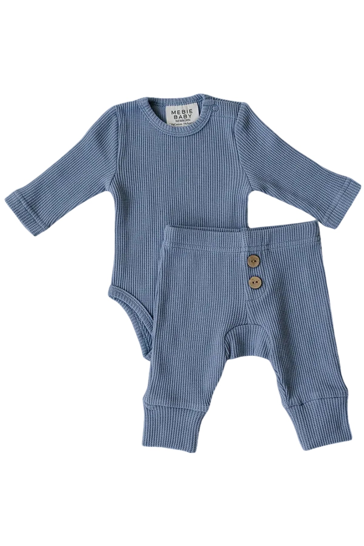 Dusty blue waffle knit cotton baby set featuring a long sleeve bodysuit and relaxed fit pants. The outfit is designed for comfort and style, perfect for infants and toddlers.