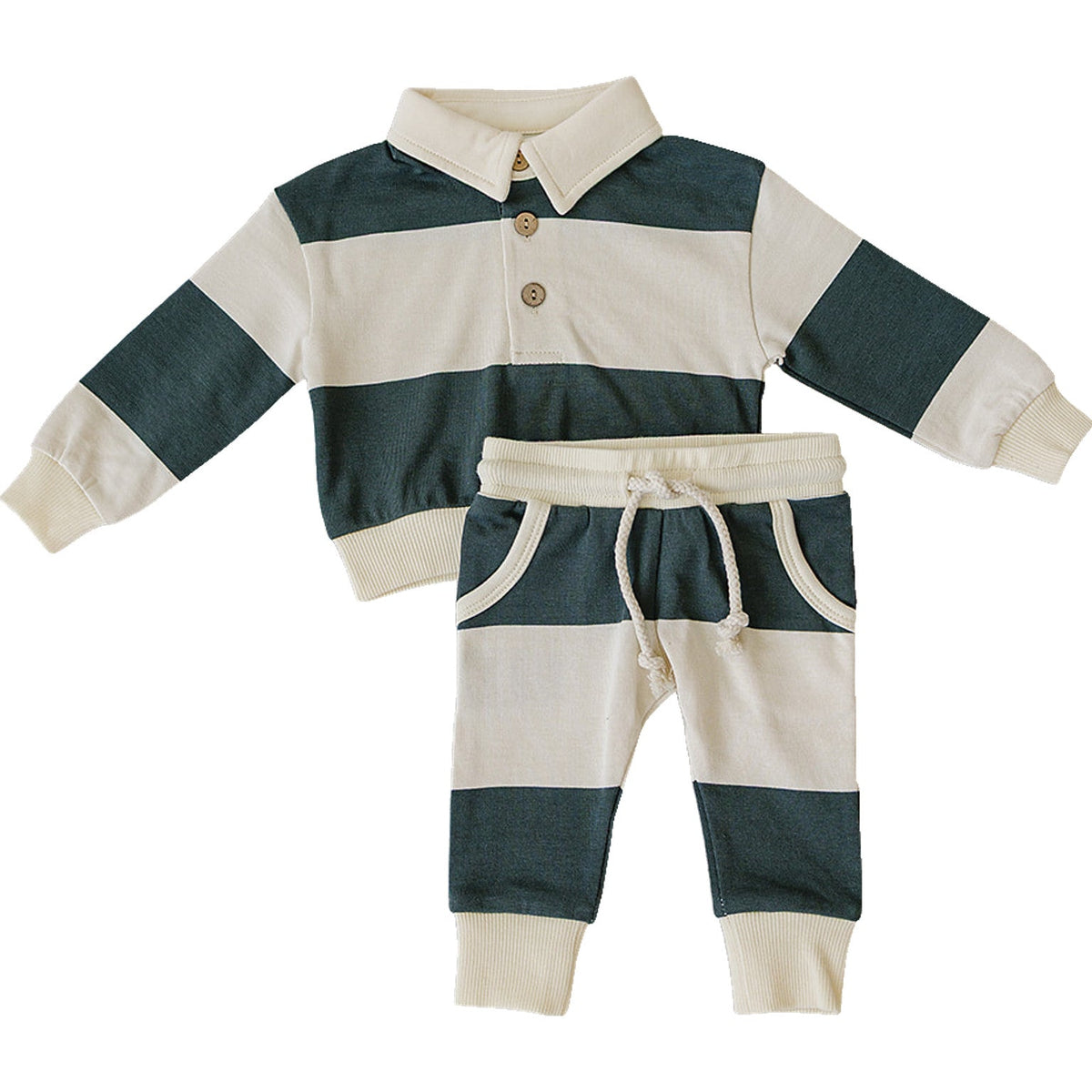 A green and cream striped collared top paired with matching striped pants, crafted from soft French terry cotton. This set is designed for babies and kids, offering comfort and style.