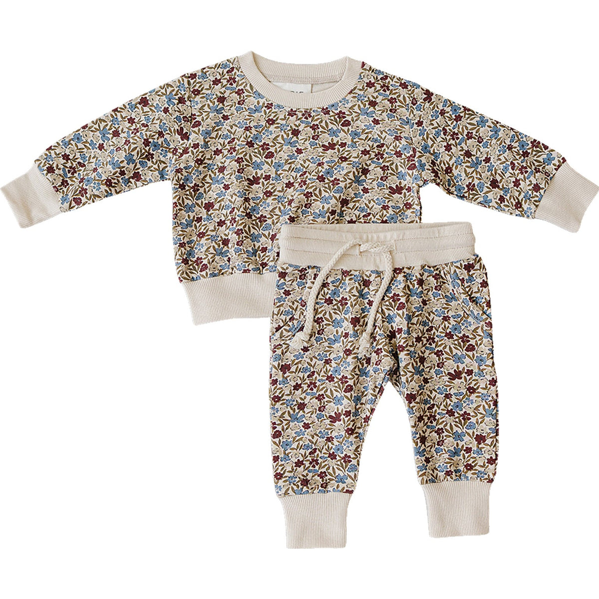A matching two-piece set featuring a floral print in soft, breathable French terry fabric. Ideal for babies and kids, this cozy outfit offers comfort and style for everyday wear.