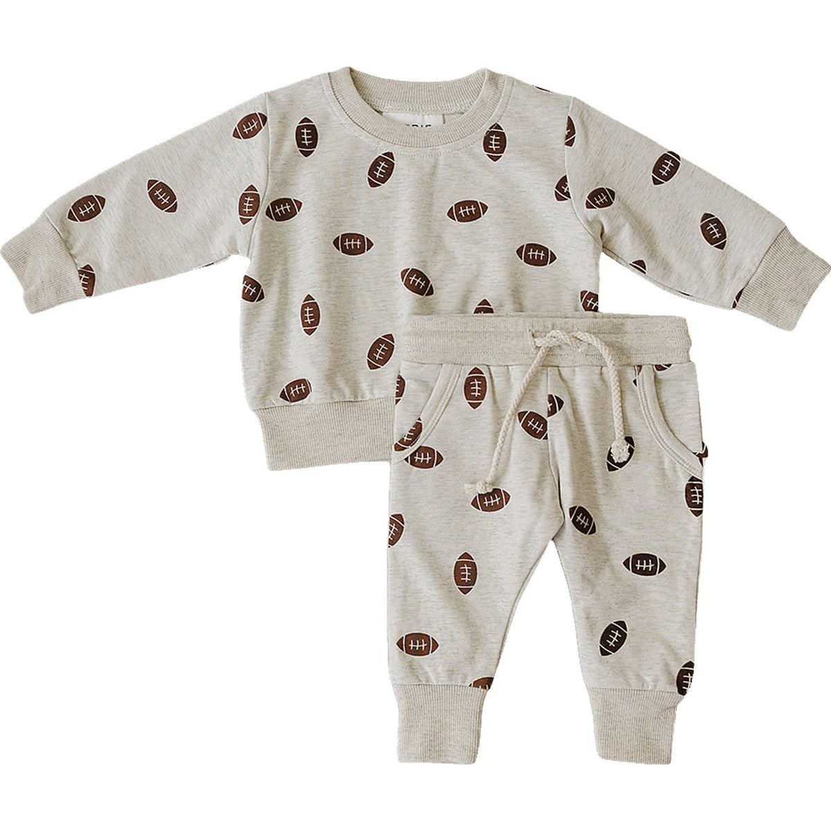 Light gray French terry cotton set featuring a playful football print, including a long-sleeve sweatshirt and matching pants. Ideal for kids, it offers soft comfort for everyday wear.