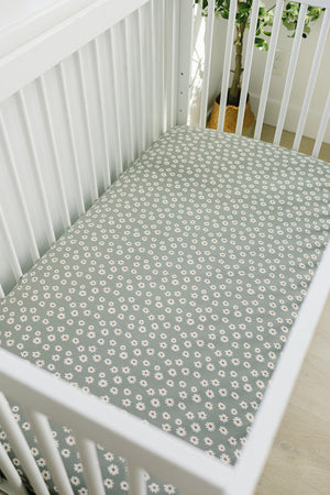 Light Green Daisy Stretch Crib Sheet | Bamboo | Baby Essentials