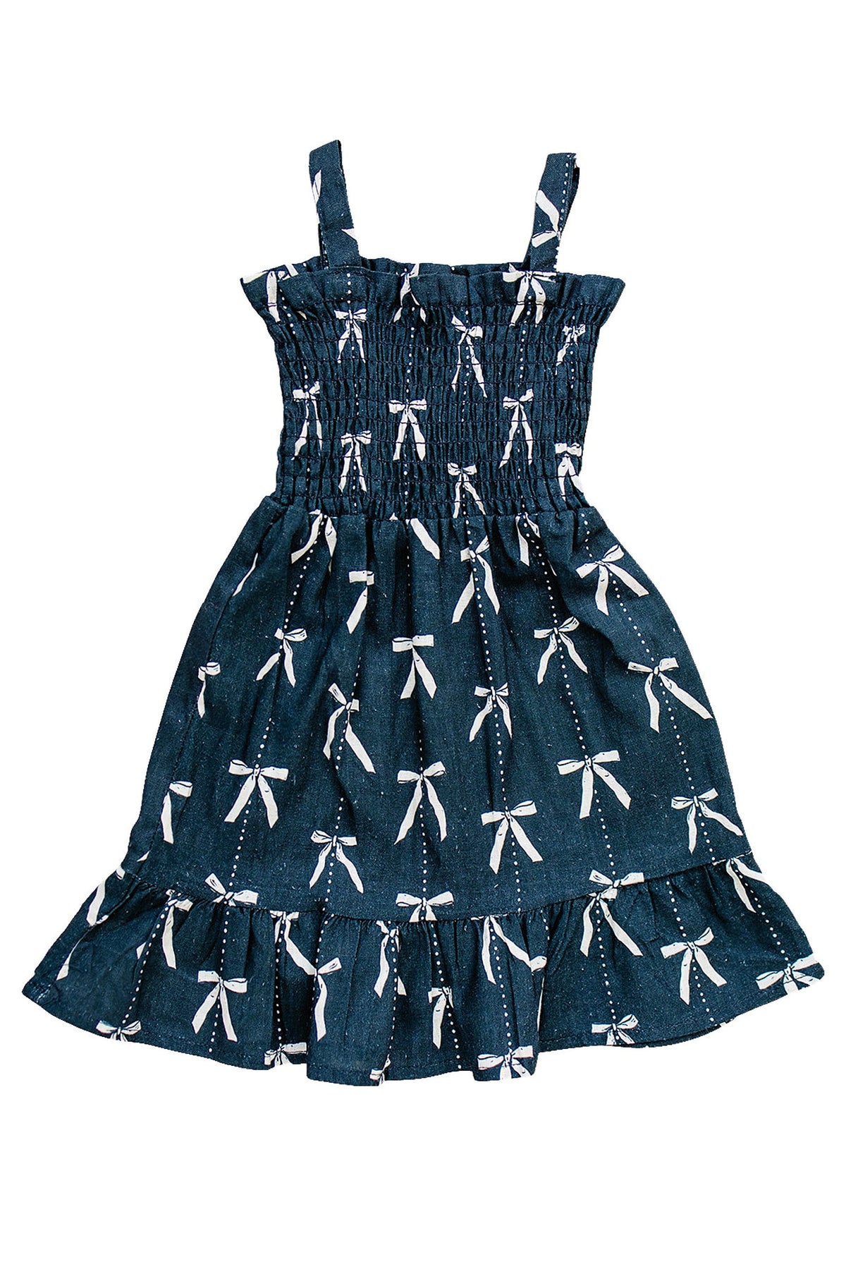 Navy linen dress with white bow print, ruffled hem, and shoulder straps, suitable for babies and toddlers.