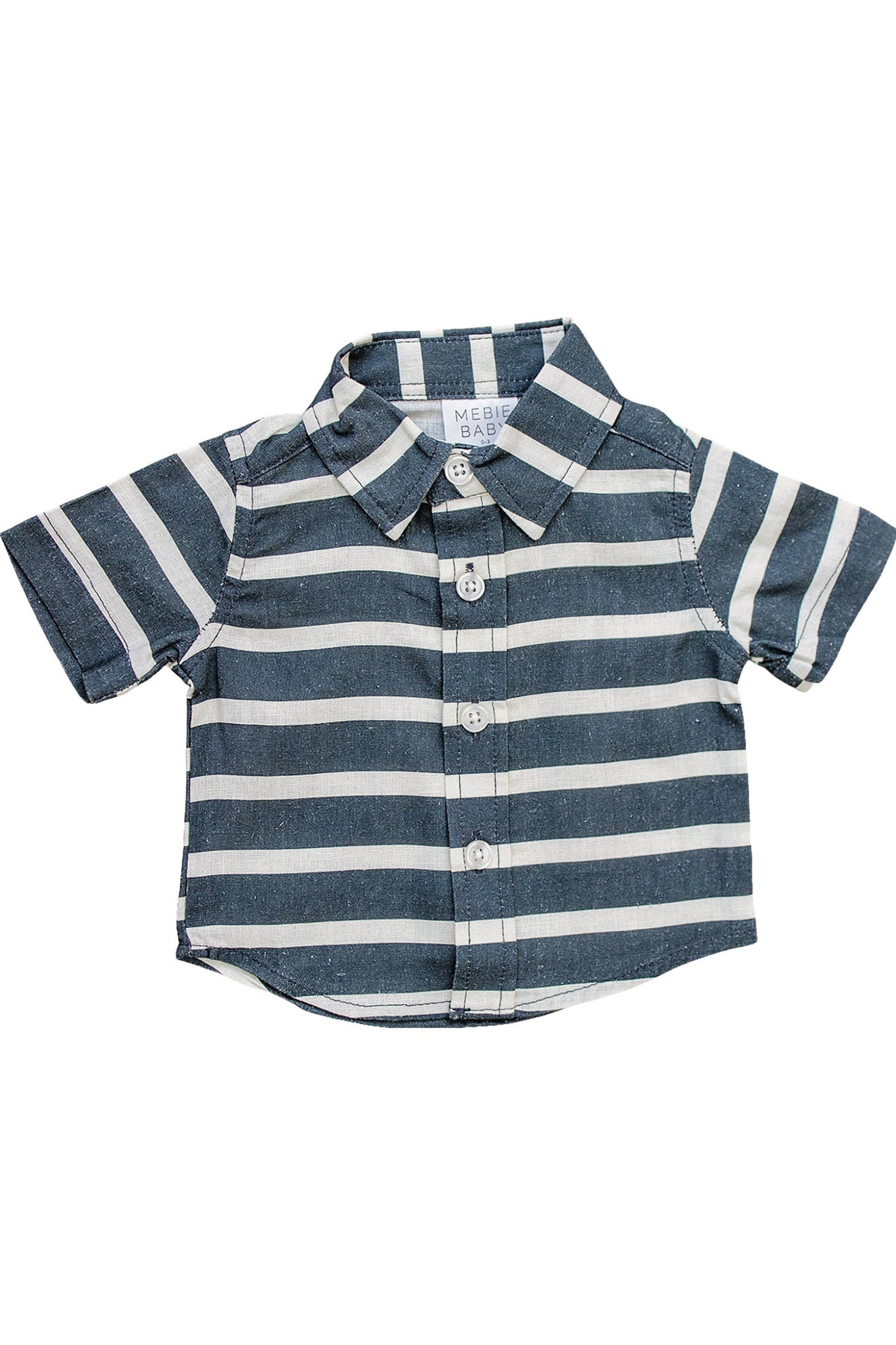 Navy and white striped linen button-up shirt for babies, featuring short sleeves and a classic collar.