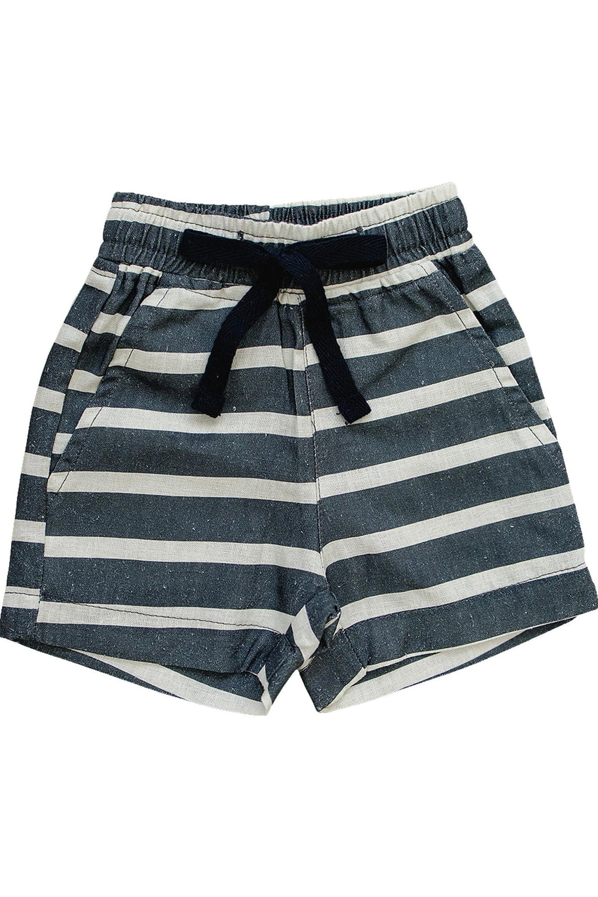 Navy and white striped linen shorts with a black drawstring, designed for toddlers, featuring an elastic waistband.
