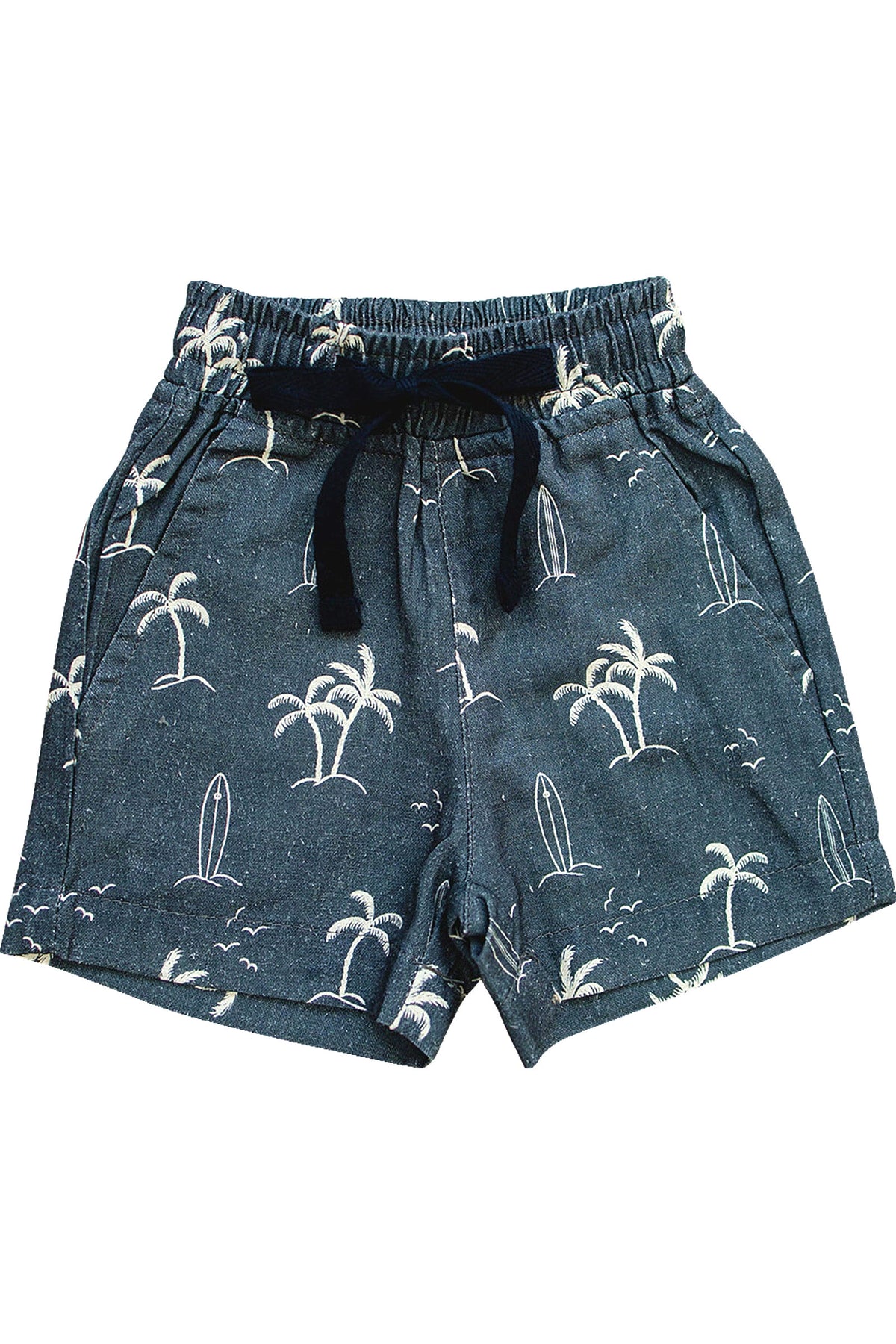 Navy shorts with palm tree and surfboard print, featuring an elastic waistband and drawstring. Perfect for kids summer wear.