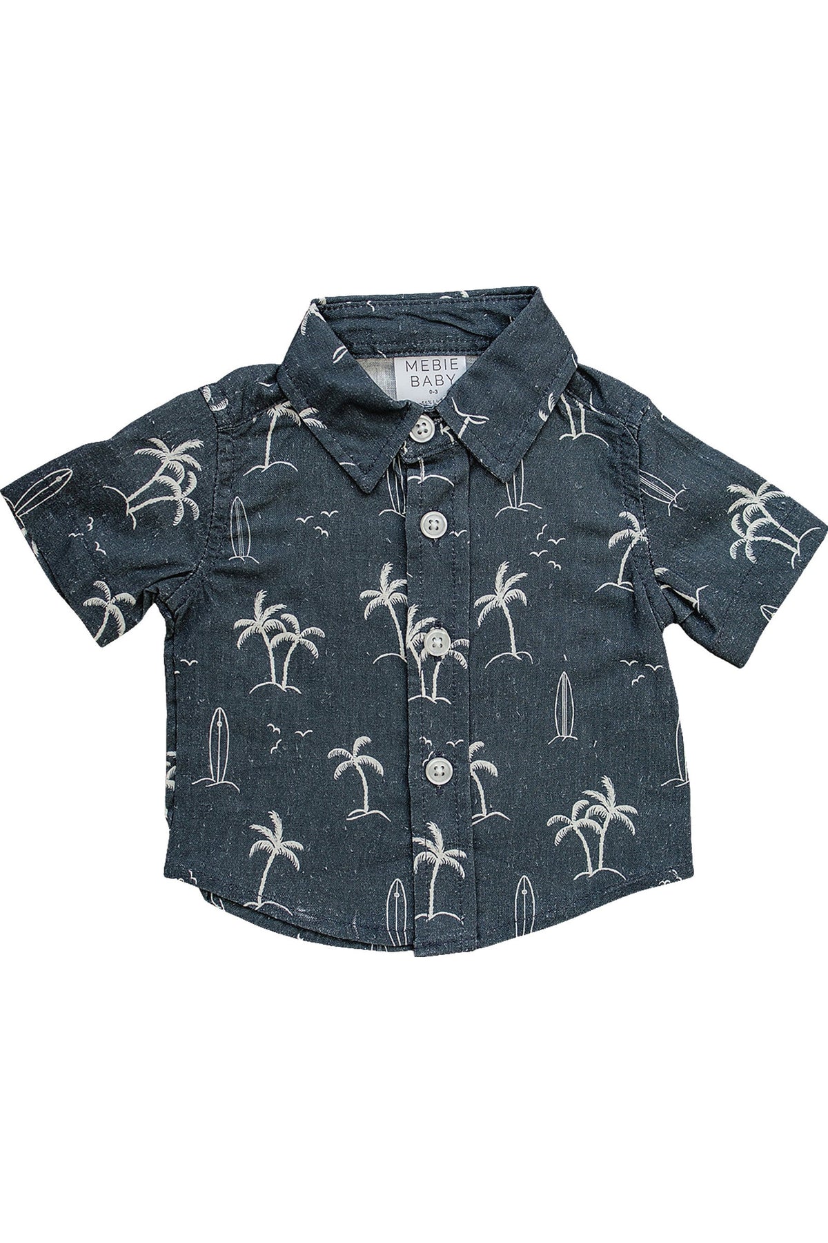 Navy button-up baby shirt with palm trees and surfboards, featuring short sleeves and white buttons.