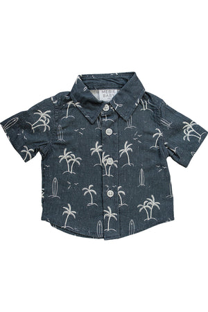 Boy Navy Surfer Linen Button Up Shirt