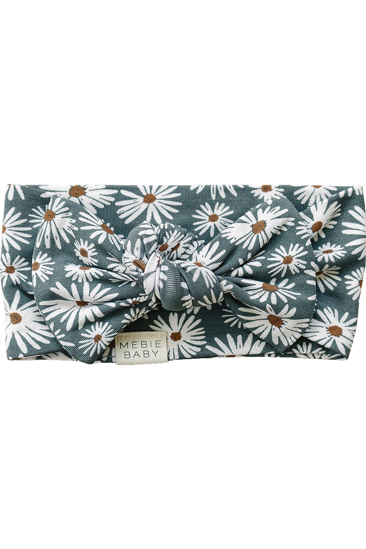 Dark green head wrap with white daisy pattern, featuring a central knot and Mebie Baby label.