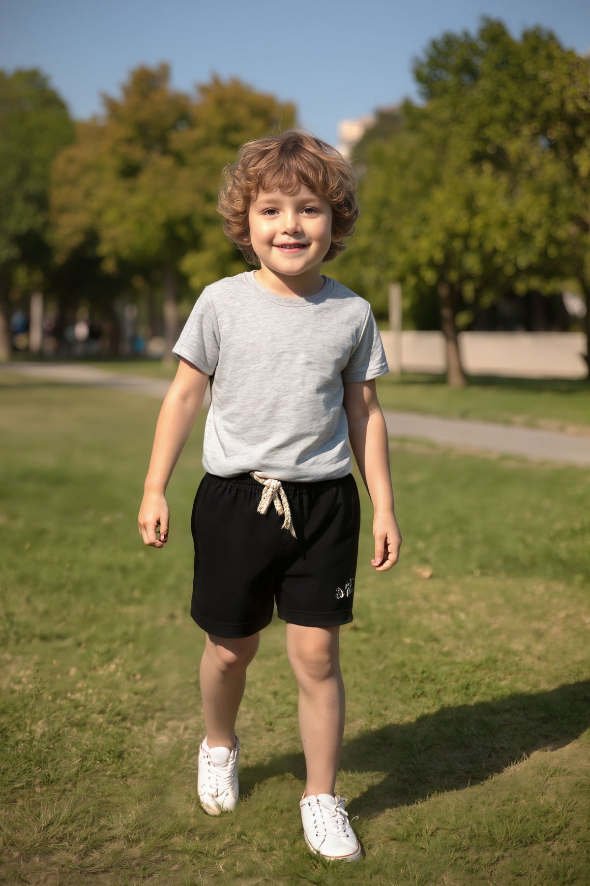 A child wearing a gray t-shirt and black shorts with white sneakers walks on grass in a sunny park.