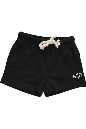 Black cotton shorts with a white drawstring and logo, designed for babies and kids, featuring side pockets.