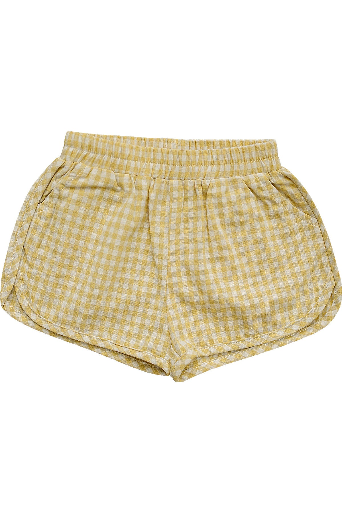Yellow gingham shorts with an elastic waistband and side pockets, made from soft fabric, perfect for girls and toddlers.