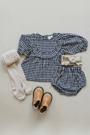 Gingham Long Sleeve Ruffle Linen/Cotton Dress